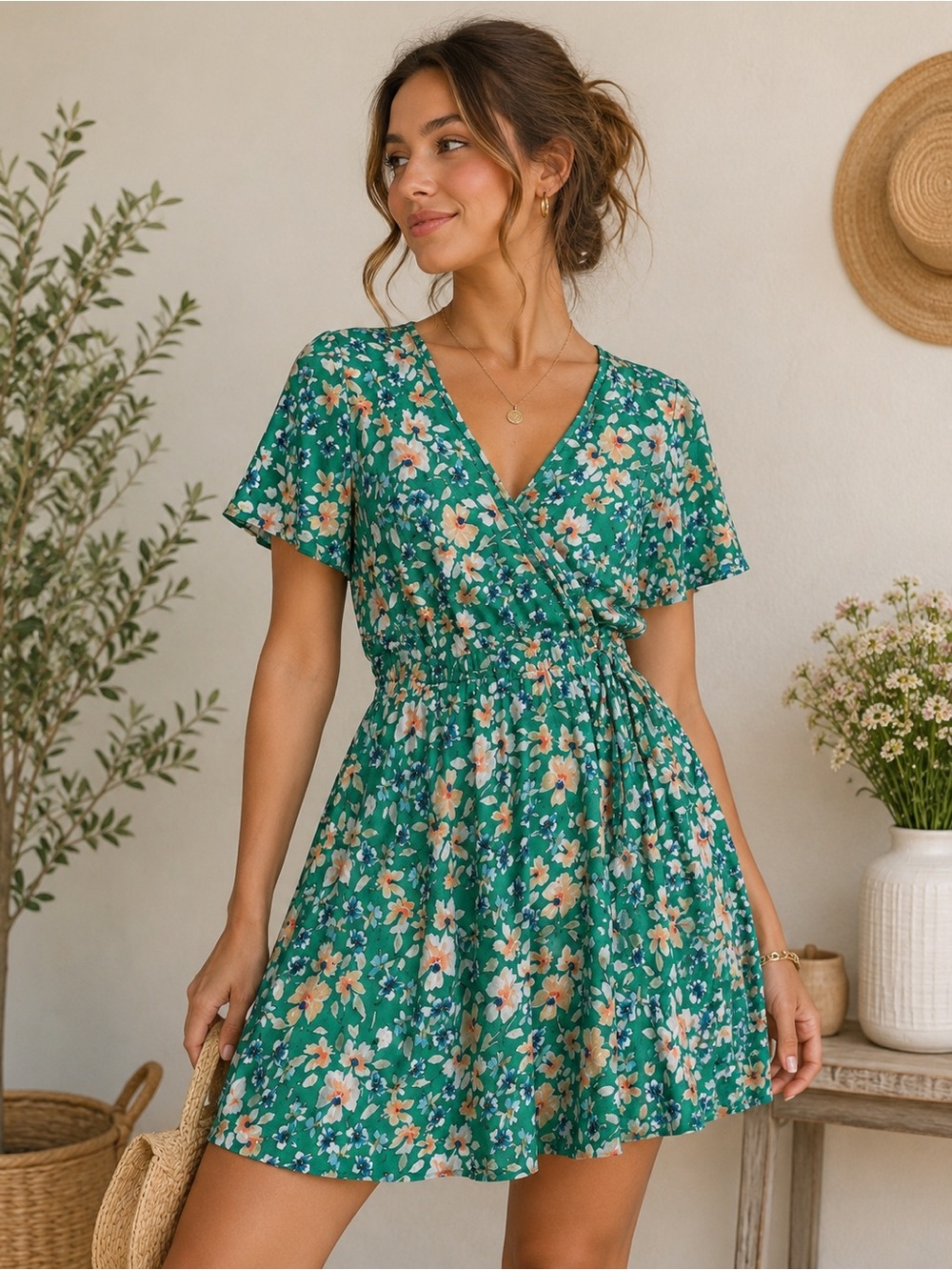Beautiful Sienna Sky Green Floral Faux Wrap
Mini Dress